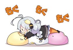 Rule 34 | 1girl, antenna hair, black jacket, blush, braid, closed mouth, eating, food, food on face, grey hair, highres, jacket, kizuna akari, long hair, long sleeves, milkpanda, motion lines, orange thighhighs, simple background, solo, striped clothes, striped thighhighs, thighhighs, twin braids, voiceroid, white background