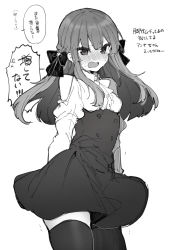 Rule 34 | 1girl, blush, bow, buttons, clothing cutout, cowboy shot, double-breasted, dress, greyscale, hair bow, highres, ikeuchi tanuma, long hair, long sleeves, looking at viewer, monochrome, open mouth, original, shoulder cutout, simple background, solo, standing, thigh gap, thighhighs, v-shaped eyebrows, white background
