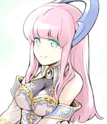 Rule 34 | 1girl, bare shoulders, blue gemstone, breasts, brooch, cleavage, closed mouth, collared shirt, detached sleeves, female focus, gem, green eyes, highres, horns, ishiyumi, jewelry, juri (p&amp;d), large breasts, long hair, looking at viewer, pink hair, puzzle &amp; dragons, see-through, shirt, sleeveless, sleeveless shirt, smile, solo, upper body, white detached sleeves, wide sleeves