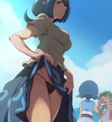 Rule 34 | 3girls, black panties, blue dress, blue eyes, blue hair, blue skirt, blue sky, blush, breasts, closed mouth, clothes lift, cloud, cloudy sky, commentary request, creatures (company), dark-skinned female, dark skin, day, dress, ero kaeru, flower, freckles, game freak, green eyes, green hair, hair flower, hair ornament, lana&#039;s mother (pokemon), lana (pokemon), lifted by self, long hair, looking at viewer, mallow (pokemon), mature female, medium breasts, mother and daughter, multiple girls, nintendo, open mouth, outdoors, panties, pokemon, pokemon (anime), pokemon sm (anime), short hair, short sleeves, skirt, skirt hold, skirt lift, sky, smile, string panties, sweat, twintails, underwear