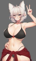 Rule 34 | 1girl, ahoge, animal ears, arm up, bikini, black bikini, black choker, blush, borrowed character, breasts, cameltoe, choker, cleavage, cleft of venus, closed mouth, clothes around waist, cowboy shot, ear piercing, extra ears, female pubic hair, grey background, grey hair, halterneck, hand on own hip, highleg, highleg bikini, highres, jacket, jacket around waist, large breasts, lorel (auraaa), nail polish, navel, original, piercing, pointy ears, pubic hair, red jacket, red nails, round eyewear, short hair, short shorts, shorts, simple background, smile, solo, spiked choker, spikes, standing, string bikini, swimsuit, v, varniskarnis