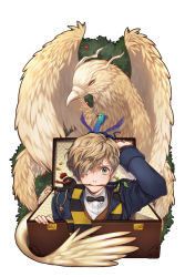 Rule 34 | 1boy, bow, bowtie, bowtruckle, brown hair, coin, crown, fantastic beasts and where to find them, feathered wings, freckles, green eyes, harry potter (series), jewelry, leaf, male focus, necklace, newt scamander, niffler, occamy, scarf, skymomo d, solo, thunderbird (fantastic beast), wand, white background, wings, wizarding world