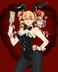 Rule 34 | 1girl, alternate costume, animal ears, banknote, bare shoulders, between fingers, black bow, black bowtie, black leotard, bow, bowtie, breasts, brooch, cleavage, contrapposto, covered navel, detached collar, drill hair, fake animal ears, fingernails, hair between eyes, hand on own hip, highres, holding, holding money, jewelry, kimon 102, leotard, lips, medium breasts, money, orange eyes, orange hair, pantyhose, playboy bunny, rabbit ears, red background, simple background, solo, strapless, strapless leotard, touhou, twin drills, v-shaped eyebrows, wrist cuffs, yorigami jo&#039;on
