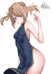 Rule 34 | 1girl, absurdres, alternate costume, artist logo, blue dress, breasts, brown eyes, china dress, chinese clothes, cowboy shot, double bun, dress, hair bun, highres, kantai collection, lanthan, light brown hair, medium hair, michishio (kancolle), short twintails, simple background, small breasts, solo, standing, twintails, white background