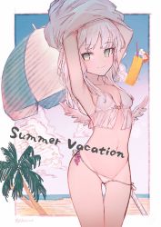 Rule 34 | 1girl, armpits, arms up, bad id, bad pixiv id, beach, bikini, border, breasts, cleavage, cloud, collarbone, commentary, cowboy shot, day, front-tie top, green eyes, grey hair, hat, highres, long hair, looking at viewer, navel, original, outdoors, outside border, palm tree, side-tie bikini bottom, signature, small breasts, smile, solo, straw hat, swimsuit, thigh gap, tree, undressing, watori re, white border, wings