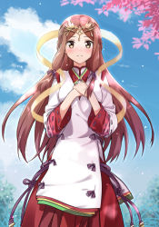 Rule 34 | 1girl, blue sky, blush, braid, brown hair, circlet, commentary request, cowboy shot, day, fan la norne, hair ribbon, hakama, hakama skirt, hands on own chest, japanese clothes, layered sleeves, long hair, long sleeves, looking at viewer, miko, misu kasumi, nintendo, outdoors, own hands together, parted bangs, parted lips, purple ribbon, red hakama, ribbon, ribbon-trimmed sleeves, ribbon trim, shawl, skirt, sky, smile, solo, very long hair, xenoblade chronicles (series), xenoblade chronicles 2, xenoblade chronicles 2: torna - the golden country, yellow eyes