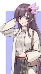 Rule 34 | 1girl, alternate costume, bag, brown hair, coat, commentary request, cowboy shot, hair ornament, handbag, highres, kantai collection, kisaragi (kancolle), long hair, looking at viewer, minosu, purple eyes, ribbed sweater, solo, standing, sweater, unfinished, white coat, white sweater