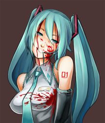 Rule 34 | 1girl, blood, crazy smile, detached sleeves, eu03, face, green hair, grin, hair in own mouth, hatsune miku, mechafetus, mouth hold, necktie, smile, solo, twintails, vocaloid, yandere