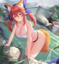 Rule 34 | 1girl, animal ear fluff, animal ears, bare shoulders, bath, bathing, blue bow, blush, bow, breasts, bucket, cleavage, closed mouth, collarbone, crop top, fate/extra, fate (series), fox ears, fox girl, fox tail, hair between eyes, hair bow, large breasts, long hair, looking at viewer, navel, onsen, pink hair, rock, sansan (dongfangzhong111), sidelocks, smile, solo, steam, tail, tamamo (fate), tamamo no mae (fate/extra), thighs, towel, twintails, wading, water, wet, wooden bucket, yellow eyes