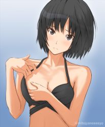 Rule 34 | 1girl, adjusting clothes, adjusting swimsuit, amagami, bikini, black bikini, black hair, bob cut, breasts, closed mouth, commentary request, frown, looking at viewer, medium breasts, mitojyaneeeeyo, nanasaki ai, short hair, simple background, solo, swimsuit, twitter username