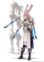 Rule 34 | absurdres, animal ears, boots, coat, final fantasy, final fantasy xiv, floating object, floating weapon, hand on own chin, highres, medium hair, official art, pink hair, rabbit ears, sage (final fantasy), simple background, solo, square enix, third-party source, viera, white coat