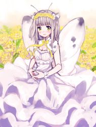 Rule 34 | 1girl, amezawa koma, antennae, breasts, butterfly costume, butterfly wings, cleavage, closed mouth, dress, green eyes, grey hair, hairband, insect wings, interlocked fingers, long hair, looking at viewer, original, own hands together, smile, solo, two side up, white dress, wings