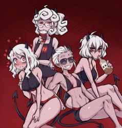 Rule 34 | 4girls, alcohol, aviator sunglasses, bikini, black horns, black male swimwear, black one-piece swimsuit, black swim trunks, bottle, breasts, coffee cup, cup, curly hair, demon girl, demon horns, demon tail, disposable cup, dojipan, glasses, heart, heart-shaped pupils, helltaker, horns, justice (helltaker), large breasts, liquor, looking at viewer, male swimwear, malina (helltaker), medium breasts, modeus (helltaker), multiple girls, navel, one-piece swimsuit, pandemonica (helltaker), red eyes, school swimsuit, short hair, small breasts, smile, sunglasses, swim trunks, swimsuit, symbol-shaped pupils, tail, tinted eyewear, white hair