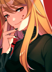 Rule 34 | 1girl, black nails, black shirt, blonde hair, blood, blood on face, closed mouth, hair between eyes, highres, long hair, long sleeves, looking at viewer, lucid luna, nail polish, original, red background, red eyes, shirt, smile, solo, straight hair, upper body