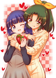 Rule 34 | 10s, 2girls, :p, ;d, aoki reika, blue eyes, blue hair, blush, candy, checkered background, chocolate, chocolate heart, food, green eyes, green hair, heart, hug, hug from behind, kuga yoshito, long hair, midorikawa nao, multiple girls, one eye closed, open mouth, ponytail, precure, short hair, smile, smile precure!, sweater, tongue, tongue out, valentine, yuri