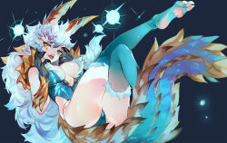 Rule 34 | 1girl, ass, barefoot, breasts, center opening, dragon girl, dragon horns, dragon tail, floating, grandia lee, highres, horns, large breasts, long hair, monster girl, monster hunter (series), open hands, open mouth, personification, soles, solo, tail, tongue, tongue out, underboob, very long hair, white hair, zinogre