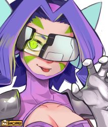 Rule 34 | 1girl, armor, artist name, bodysuit, bra, breasts, cleavage, cross-section, digimon, digimon (creature), digimon frontier, facial mark, fairimon, gauntlets, gloves, goggles, green eyes, grey gloves, hair ornament, hand up, highres, large breasts, mask, medium breasts, medium hair, open hand, parted bangs, pink bodysuit, pink hair, purple bra, purple hair, shoulder pads, shoulder plates, simple background, sinobali, smile, solo, tongue, tongue out, underwear, visor (armor), white background, yellow eyes