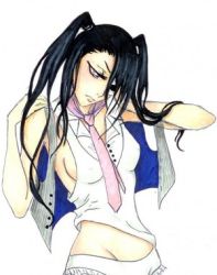 Rule 34 | 00s, 1girl, arrancar, black hair, bleach, breasts, casual, loly aivirrne, long hair, lowres, necktie, resized, shaolinsfight, sideboob, skull, solo, twintails, vest