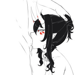 Rule 34 | 1boy, 1girl, ahoge, black hair, borrowed character, choker, collar, deepthroat, earrings, erection, expressionless, facial mark, fellatio, from side, grabbing another&#039;s hair, greyscale, hair between eyes, hair bun, hand on another&#039;s head, high contrast, highres, horns, irrumatio, jewelry, kuon bb, lineart, long hair, messy hair, mole, mole on collarbone, monochrome, multiple earrings, nude, oni, oni horns, open mouth, oral, original, penis, pointy ears, red eyes, simple background, single hair bun, skull, slit pupils, solo focus, tearing up, throat bulge, white background