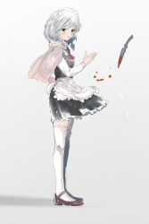 Rule 34 | 1girl, blood, blue eyes, braid, female focus, full body, gradient background, highres, izayoi sakuya, knife, maid, motsuni (artist), perfect cherry blossom, scarf, short hair, silver hair, solo, thighhighs, throwing knife, touhou, twin braids, weapon, white background