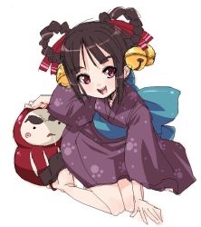 Rule 34 | 1girl, :d, bell, braided hair rings, brown hair, full body, hair bell, hair ornament, hair rings, japanese clothes, jingle bell, kimono, looking at viewer, oekaki, okobo, onija tarou, open mouth, red eyes, sandals, short kimono, simple background, smile, solo, white background