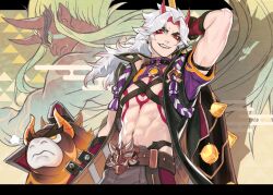 Rule 34 | 1boy, puff of air, abs, animal, arataki itto, arm up, belt, bodypaint, clenched teeth, club, club (weapon), cow, facepaint, genshin impact, highres, holding, holding weapon, horns, japanese clothes, jewelry, long hair, looking at viewer, male focus, multicolored hair, neekosiah, oni, orange eyes, red eyes, red hair, red horns, spiked club, teeth, toned, toned male, ushi (genshin impact), vision (genshin impact), weapon, white hair