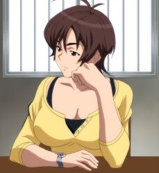 Rule 34 | 1girl, amaha masane, breasts, brown eyes, brown hair, cleavage, hand on own face, highres, large breasts, looking to the side, medium breasts, screencap, short hair, solo, stitched, third-party edit, witchblade