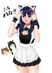 Rule 34 | 3girls, :3, absurdres, anger vein, animal ears, apron, arms up, bell, black dress, blue eyes, blue hair, breasts, brown hair, cat cutout, cat ears, cleavage, clothing cutout, collar, dress, fang, frills, green hair, gridman universe, hassu, highres, jingle bell, long hair, maid, maid apron, maid headdress, mask, medium breasts, minoru amayi, mouth mask, multiple girls, namiko, neck bell, open mouth, red collar, ssss.gridman, takarada rikka, thighs, translation request, wrist cuffs