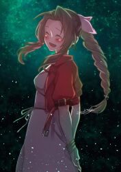 Rule 34 | 1girl, aerith gainsborough, akzk kh, arms behind back, bangle, blush, bracelet, braid, braided ponytail, breasts, brown hair, closed eyes, cowboy shot, cropped jacket, dress, final fantasy, final fantasy vii, final fantasy vii remake, hair ribbon, highres, jacket, jewelry, long dress, long hair, medium breasts, open mouth, parted bangs, pink dress, pink ribbon, red jacket, ribbon, short sleeves, sidelocks, sleeping forest, smile, solo, square enix, twitter username