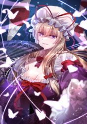 Rule 34 | 1girl, adapted costume, animal print, arm up, blonde hair, breasts, bug, butterfly, butterfly print, choker, cleavage, colored eyelashes, dress, energy, folding fan, frilled choker, frills, gap (touhou), gloves, glowing butterfly, hair between eyes, hand fan, hands up, hat, hat ribbon, highres, insect, large breasts, light particles, light smile, light trail, lipstick, looking at viewer, makeup, mashiropuni, mob cap, outstretched arm, pink lips, pov, pov hands, purple dress, purple eyes, red eyes, red ribbon, ribbon, sidelocks, solo, touhou, upper body, white choker, white gloves, white hat, yakumo yukari