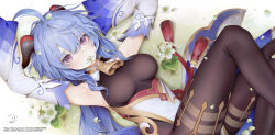 Rule 34 | 1girl, ahoge, armpits, bell, black pantyhose, blue hair, breasts, commentary request, cowbell, dmith, feet out of frame, flower in mouth, from above, ganyu (genshin impact), genshin impact, goat horns, gold trim, highres, horns, long hair, long sleeves, looking at viewer, looking up, lying, medium breasts, neck bell, on back, pantyhose, purple eyes, qingxin flower, sidelocks, skirt, solo, tassel, white skirt, wrist cuffs