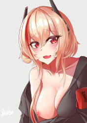 Rule 34 | 1girl, absurdres, airbo, artist name, bare shoulders, black jacket, blonde hair, blush, breasts, cleavage, collarbone, girls&#039; frontline, grey background, headphones, highres, jacket, jacket on shoulders, long hair, looking at viewer, m4 sopmod ii (girls&#039; frontline), medium breasts, multicolored hair, nipples, no bra, no shirt, one breast out, open clothes, open jacket, open mouth, red eyes, solo, upper body