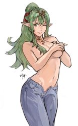 Rule 34 | 1girl, ;), breasts, covering privates, covering breasts, denim, female focus, fire emblem, fire emblem awakening, green eyes, green hair, highres, jeans, large breasts, long hair, looking at viewer, matching hair/eyes, navel, nintendo, one eye closed, pants, pointy ears, ponytail, sakuremi, signature, simple background, smile, solo, standing, tiki (adult) (fire emblem), tiki (fire emblem), topless, unbuttoned, white background, wink