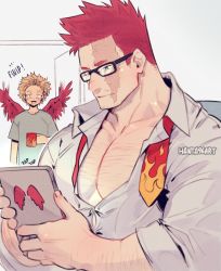 Rule 34 | 2boys, bara, black-framed eyewear, blonde hair, blue eyes, blush, boku no hero academia, chest hair, couple, endeavor (boku no hero academia), facial hair, feathered wings, glasses, hanta96, hawks (boku no hero academia), highres, holding, holding tablet pc, large pectorals, looking at another, male focus, mature male, multiple boys, muscular, muscular male, necktie, unworn necktie, partially unbuttoned, pectorals, red hair, red wings, salaryman, scar, scar across eye, scar on face, short hair, sideburns, spiked hair, stubble, tablet pc, undone necktie, upper body, wings, yaoi