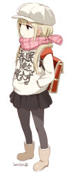 Rule 34 | 1girl, adapted costume, alternate costume, backpack, bag, black pantyhose, black skirt, blonde hair, boots, brown eyes, brown footwear, cabbie hat, casual, closed mouth, clothes writing, dated, expressionless, full body, futaba anzu, hands in pockets, hat, idolmaster, idolmaster cinderella girls, long hair, looking away, looking to the side, low twintails, miniskirt, nagian, pantyhose, pink scarf, plaid, plaid scarf, pleated skirt, randoseru, red bag, scarf, simple background, skirt, solo, standing, sweater, twintails, white background, white hat, white sweater