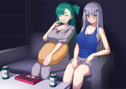 Rule 34 | 2girls, alternate costume, beer can, blush, box, box of chocolates, breasts, can, chocolate, cleavage, closed eyes, couch, cushion, drink can, eating, embarrassed, eyes visible through hair, g28 (girls&#039; frontline), girls&#039; frontline, green hair, hk416 (girls&#039; frontline), krs (karasu), large breasts, multiple girls, siblings, sisters, smile
