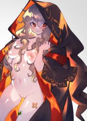 Rule 34 | 1girl, absurdres, bandaid, bandaid on face, bandaid on leg, blush, cloak, commission, commissioner upload, dungeon and fighter, grey background, highres, ikki the vikki, long hair, looking to the side, negiwo, nude, open mouth, red eyes, simple background, skeb commission, solo, sticker on leg, teeth, upper body, writing