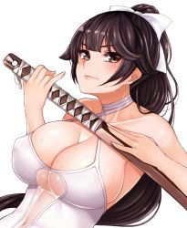 Rule 34 | 1girl, azur lane, bad id, bad twitter id, bare arms, bare shoulders, blunt bangs, blush, bow, breasts, brown eyes, cleavage, closed mouth, cocq taichou, dutch angle, hair bow, hair flaps, holding, holding sword, holding weapon, katana, large breasts, long hair, looking at viewer, navel, one-piece swimsuit, ponytail, sheath, solo, sweat, swimsuit, sword, takao (azur lane), takao (beach rhapsody) (azur lane), upper body, v-shaped eyebrows, weapon, white background, white bow, white one-piece swimsuit