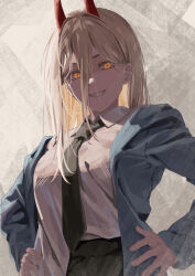 Rule 34 | 1girl, absurdres, black necktie, blonde hair, blue jacket, chainsaw man, collared shirt, cross-shaped pupils, demon horns, grey background, grin, hair between eyes, hands on own hips, highres, horns, jacket, komura hiroto, long hair, long sleeves, looking at viewer, necktie, open clothes, open jacket, power (chainsaw man), red horns, sharp teeth, shirt, shirt partially tucked in, smile, smug, solo, straight hair, symbol-shaped pupils, teeth, upper body, white shirt, yellow eyes