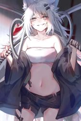 Rule 34 | 1girl, animal ear fluff, animal ears, arknights, bandeau, bare shoulders, belt, black belt, black jacket, black shorts, breasts, collarbone, cowboy shot, dual wielding, grey eyes, grey nails, grin, hair between eyes, hair ornament, hairclip, highres, holding, holding sword, holding weapon, jacket, lappland (arknights), long hair, long sleeves, looking at viewer, material growth, midriff, nail polish, navel, off shoulder, open clothes, open jacket, oripathy lesion (arknights), scar, scar across eye, scar on face, short shorts, shorts, silver hair, small breasts, smile, solo, standing, stomach, strapless, sword, tube top, weapon, wide sleeves, wolf ears, yunweishukuang