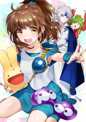Rule 34 | &gt;:o, 1boy, 2girls, :d, :o, arle nadja, armor, armpit peek, armpits, blue cape, blue eyes, blue footwear, boots, breastplate, breasts, brown eyes, brown hair, cape, carbuncle (puyopuyo), carrying, carrying under arm, closed mouth, draco centauros, dragon girl, dragon horns, dragon wings, elbow gloves, eyebrows, flat chest, frown, gloves, green hair, grey hair, hair ornament, hair scrunchie, half updo, hand on own cheek, hand on own face, head rest, headband, horns, looking at another, looking at viewer, madou monogatari, medium breasts, multiple girls, open mouth, outstretched arm, palms, pauldrons, pointy ears, puyo (puyopuyo), puyopuyo, schezo wegey, scrunchie, short hair, shoulder armor, sitting, sleeveless, smile, standing, triangle, v-shaped eyebrows, w, wariza, wings, yanyo (ogino atsuki), yellow eyes