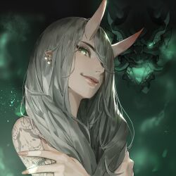 Rule 34 | 1girl, absurdres, arm tattoo, closed mouth, commentary, dated commentary, earrings, english commentary, green eyes, grey hair, hair over one eye, hair over shoulder, highres, horns, jewelry, jung wonjo, lips, long hair, looking at viewer, mask, one eye covered, oni, oni mask, original, portrait, red pupils, self hug, skin-covered horns, smile, solo, tattoo