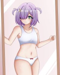 Rule 34 | 1girl, absurdres, androxg, armpits, belly, bow, bra, breasts, closed mouth, commission, eien project, flat chest, green eyes, hair ornament, highres, mirror, navel, nose, panties, purple-hair, ribbon, shirt, short hair, small breasts, smile, thighs, underwear, underwear only, virtual youtuber, white bra, white panties, zumi dokumi