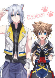 Rule 34 | 2boys, absurdres, animal ears, arm up, belt, black belt, black jacket, black vest, blue eyes, blue pants, blush, brown hair, cat boy, cat day, cat ears, cat tail, chain necklace, clenched hands, commentary, cropped jacket, english text, fangs, grabbing own tail, grey hair, hand in pocket, hand on own ear, hands up, happy, high collar, highres, hood, hooded jacket, jacket, jewelry, kagachi 118, kingdom hearts, kingdom hearts ii, male focus, medium hair, multiple boys, navel, necklace, open clothes, open jacket, open mouth, pants, paw print, pinching, riku (kingdom hearts), short hair, signature, simple background, sleeveless, slit pupils, smile, sora (kingdom hearts), sparkle, spiked hair, studded belt, sweatdrop, tail, tail grab, upper body, vest, white background, white vest, white wristband, wristband, zipper