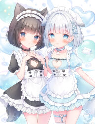 Rule 34 | 2girls, animal ears, apron, black dress, black hair, blue dress, blue eyes, blush, breasts, cleavage, cleavage cutout, clothing cutout, collar, commentary request, dog ears, dog girl, dog tail, dress, gloves, hairband, highres, lolita hairband, maid, maid headdress, multiple girls, omochi monaka, original, own hands together, ribbon, short dress, short hair, short sleeves, single thighhigh, small breasts, tail, thigh strap, thighhighs, white apron, white gloves, white hair