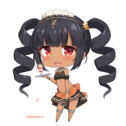Rule 34 | 1girl, :d, bare shoulders, black hair, black skirt, blush, chibi, dark-skinned female, dark skin, drill hair, food, full body, holding, holding tray, ice cream, ice cream cup, looking at viewer, maid headdress, navel, open mouth, original, red eyes, sasaame, simple background, skirt, smile, solo, stomach, thighhighs, tray, twin drills, twitter username, white background, wristband