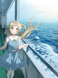Rule 34 | 1girl, :o, absurdres, blue dress, blush, cloud, collarbone, dress, feet out of frame, floating hair, handa roco, highres, idolmaster, idolmaster million live!, light green hair, looking at viewer, ocean, oi!, parted bangs, photo background, ship, sleeveless, sleeveless dress, solo, watercraft, waves