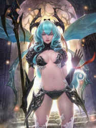 Rule 34 | 1girl, armor, bikini armor, black gloves, blue eyes, blue hair, breasts, cowboy shot, curly hair, elbow gloves, fairy wings, gloves, hand up, highres, holding, holding weapon, kisuny park, legend of the cryptids, light, long hair, looking at viewer, midriff, navel, panties, parted lips, small breasts, solo, staff, stairs, standing, underwear, very long hair, weapon, wings