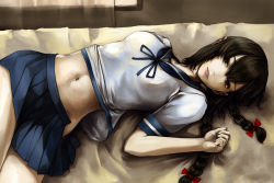 Rule 34 | 1girl, bcrow, bed sheet, bow, braid, breasts, brown eyes, cowboy shot, curtains, hair between eyes, hair bow, indoors, isonami (kancolle), kantai collection, lips, long hair, looking at viewer, lying, navel, neckerchief, pleated skirt, sailor collar, school uniform, serafuku, skirt, small breasts, solo, twin braids, unbuckled, window