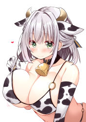 Rule 34 | 1girl, animal ears, animal print, bell, bikini, bikini top lift, blush, breasts, clothes lift, collar, cow ears, cow girl, cow print, cowbell, green eyes, hair intakes, hair ribbon, heart, highres, hololive, horns, large breasts, neck bell, o-ring, o-ring top, ribbon, shirogane (platinum), shirogane noel, short hair, simple background, smile, solo, swimsuit, upper body, virtual youtuber, white background, white hair